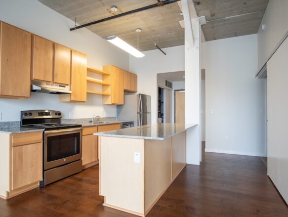 Cayuga Lofts 1x1 F Apartment Sample Kitchen Area