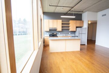 Cayuga Lofts 2x2 B Apartment Sample Kitchen/Living Area